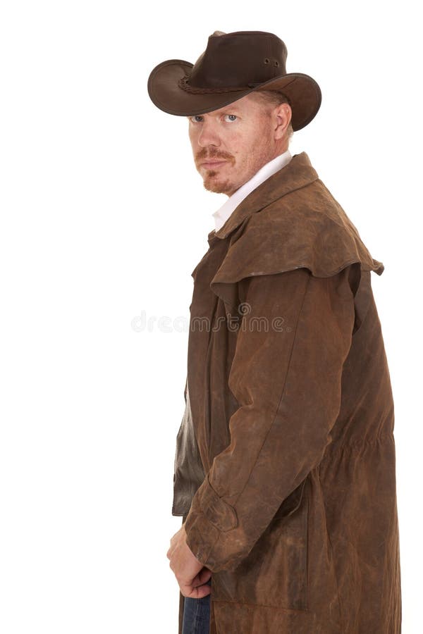 Cowboy leather duster look back serious