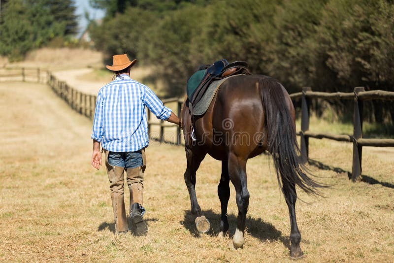 Cowboy marchant son cheval photo libre de droits Cowboy marchant son cheval photo libre de droits