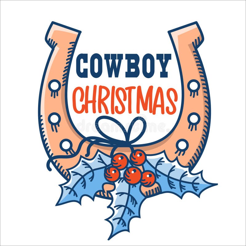 Cowboy Merry Christmas symbol with lucky horseshoe and holly berry. Vector Country christmas with text isolated on white