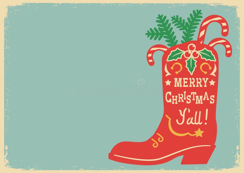 Cowboy Merry Christmas. Vintage illustration with Cowboy Country boot and holiday decoration  on old paper texture background for