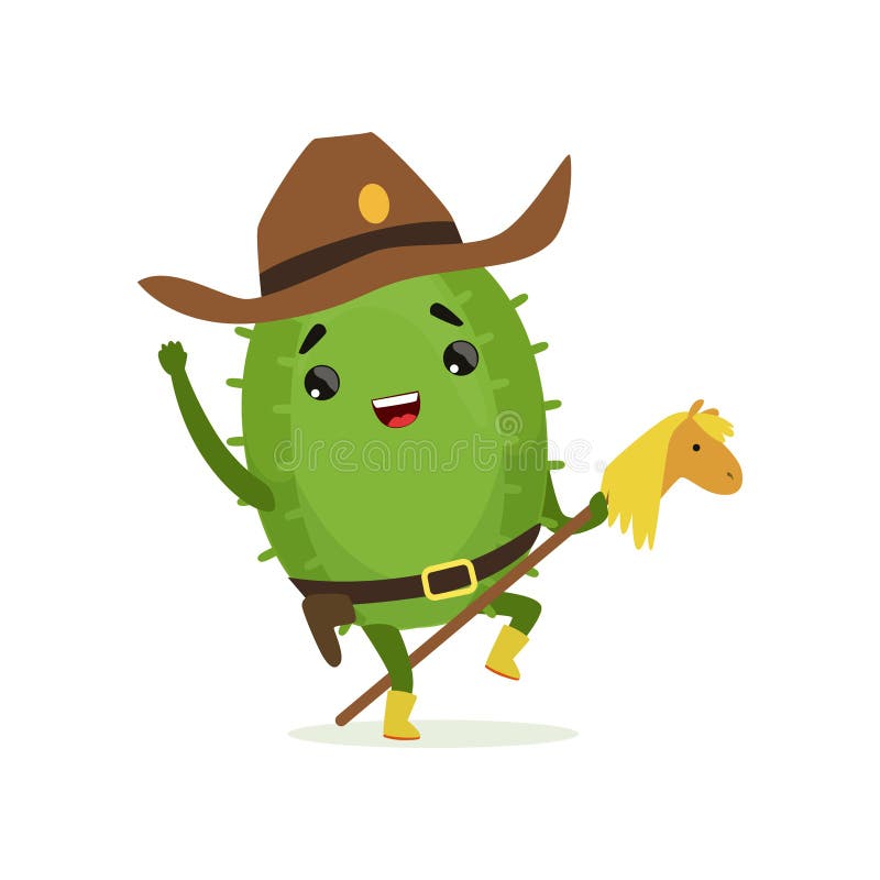 Cowboy mignon de cactus, équitation drôle de caractère d'usine sur le cheval de jouet, illustration de vecteur de bande dessinée illustration stock Cowboy mignon de cactus, équitation drôle de caractère d'usine sur le cheval de jouet, illustration de vecteur de bande dessinée illustration stock