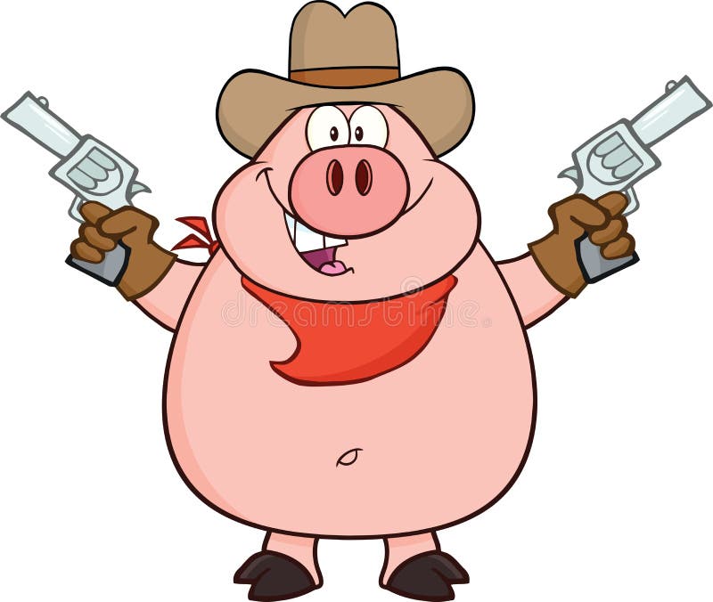 Cowboy Pig Cartoon Character Holding Up Two Revolvers