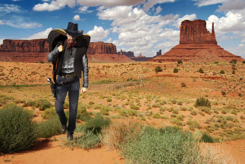 Cowboy que cruza o deserto