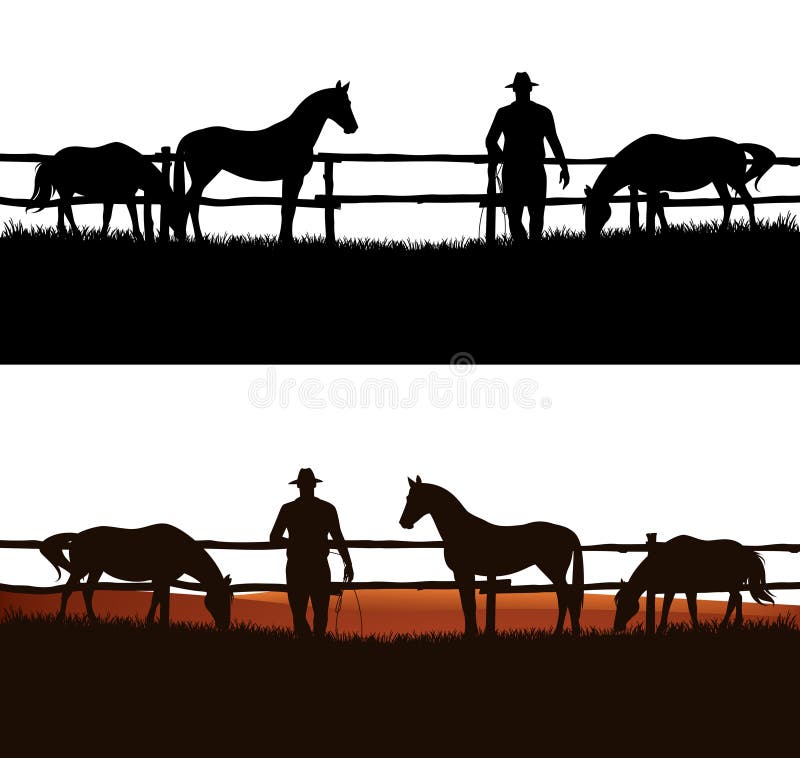 Cowboy rancher and grazing horse herd vector silhouette outline