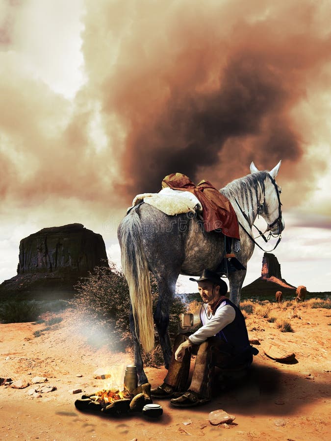 Desert of Monument Valley, Utah. Close to a fire, a cowboy is taking a rest as he is drinking coffee. Behind him, several cows are eating grass. Panorama arizona illustrations