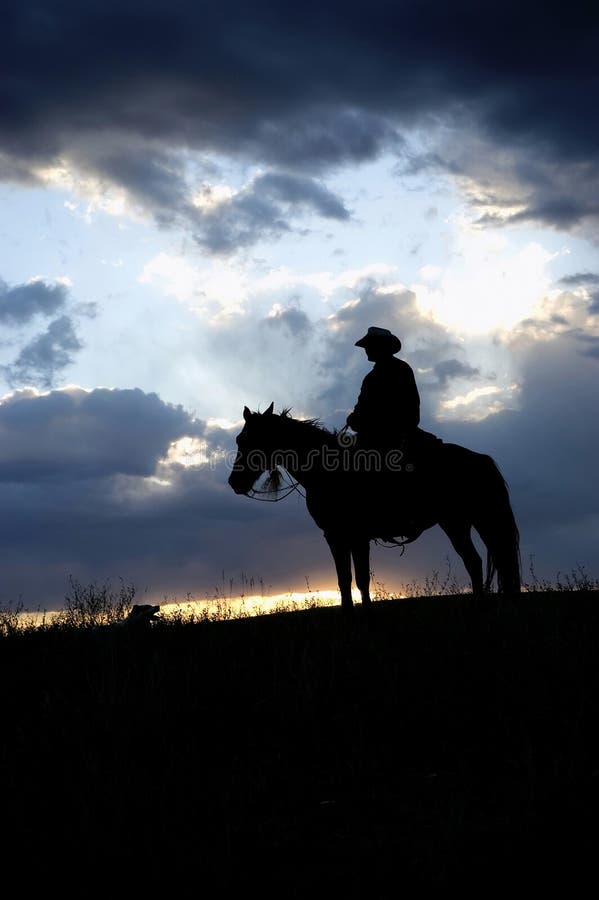 Kovboj na koni, silhouetted proti dawn neba.