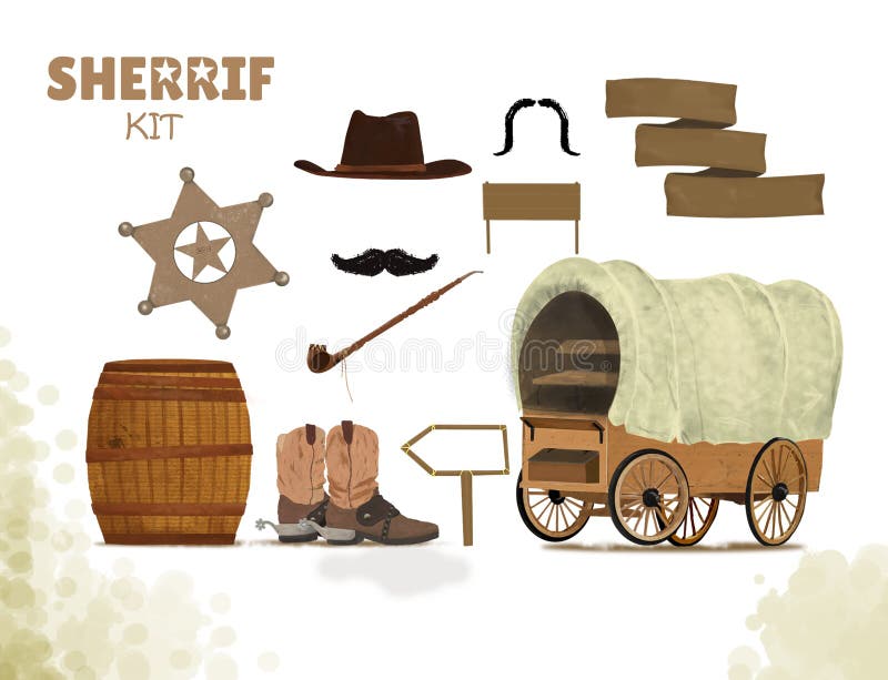 Cowboybakgrund med västra kängor och den västra hatten för vagn och trumman, rör av fred, mustasch, bandsheriffsats på vit vektor illustrationer Cowboybakgrund med västra kängor och den västra hatten för vagn och trumman, rör av fred, mustasch, bandsheriffsats på vit vektor illustrationer