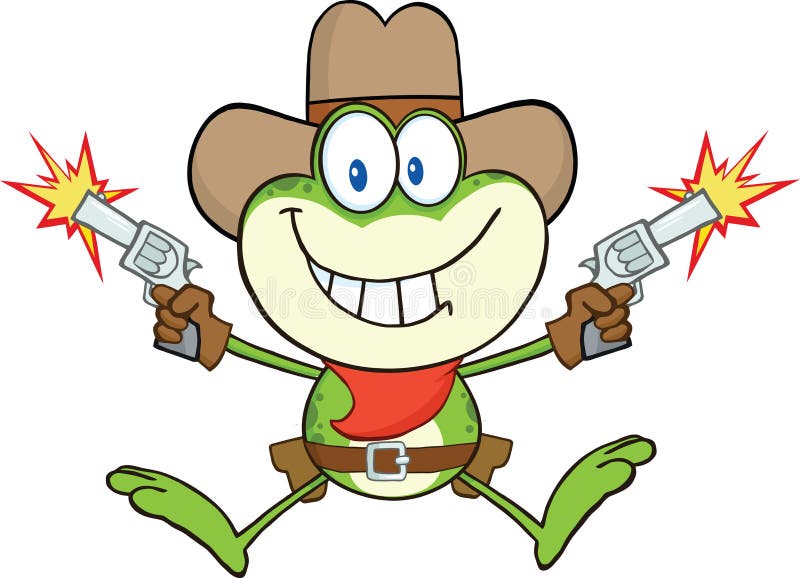 CowboyFrog Cartoon Character skytte med två vapen royaltyfri illustrationer CowboyFrog Cartoon Character skytte med två vapen royaltyfri illustrationer