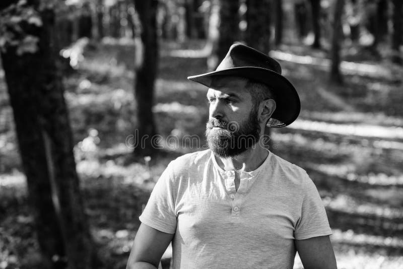 cowboystijl de mens hipster ontspant in zonnige weer van de de herfst het boslente Het kamperen en Wandeling rijp mannetje met br royalty-vrije stock foto's cowboystijl de mens hipster ontspant in zonnige weer van de de herfst het boslente Het kamperen en Wandeling rijp mannetje met br royalty-vrije stock foto's