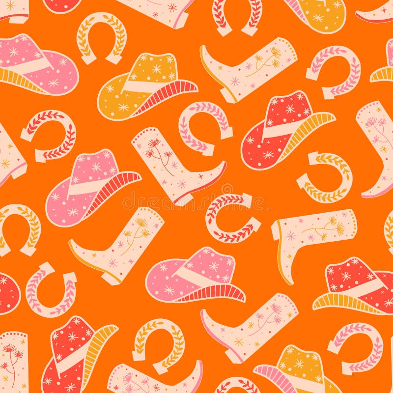 Cowgirl Horse Ranch seamless vector pattern. Cowboy boots, hat, horseshoe repeating background. Wild West surface pattern design
