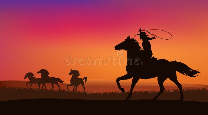 Beautiful cowgirl chasing a herd of wild mustang horses at sunset - silhouette lanscape vector design. Beautiful cowgirl chasing a herd of wild mustang horses at sunset - silhouette lanscape vector design