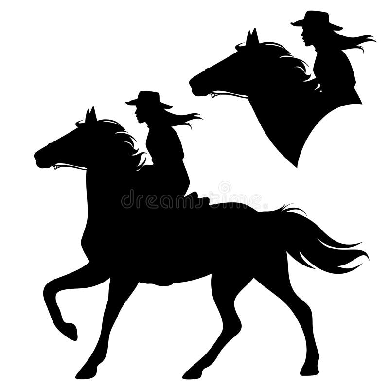 Horseback cowboy woman and running horse vector