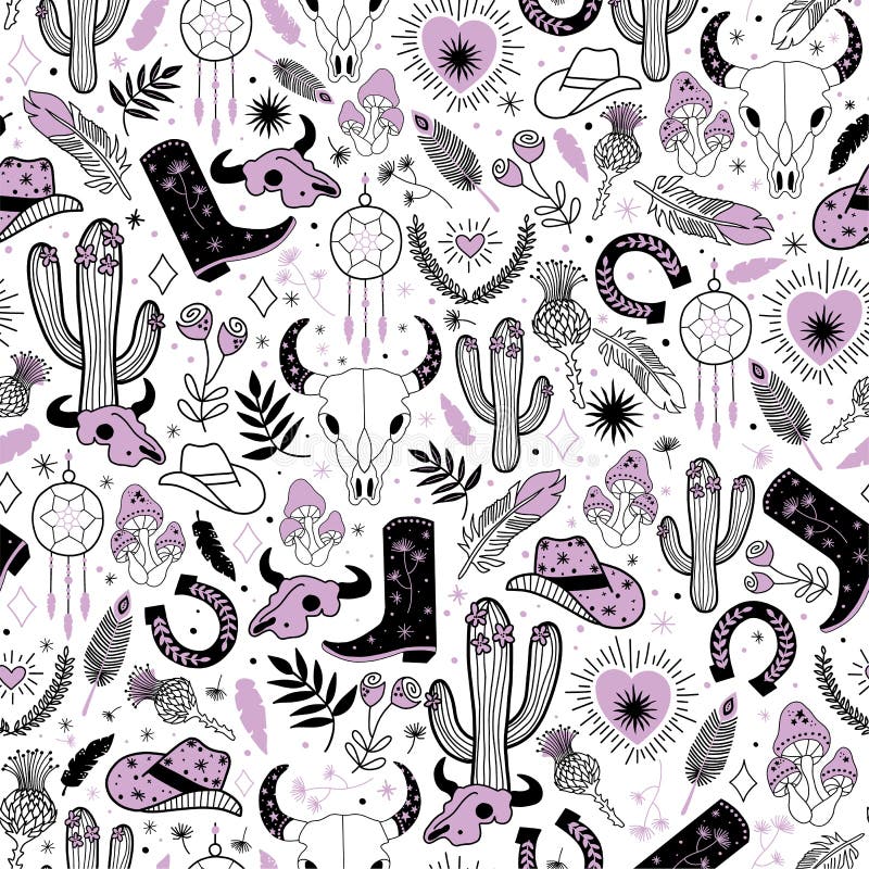 Cowgirl seamless vector pattern. Western rodeo boho repeating background black line art. Cowboy boots, cowgirl hat, cactus