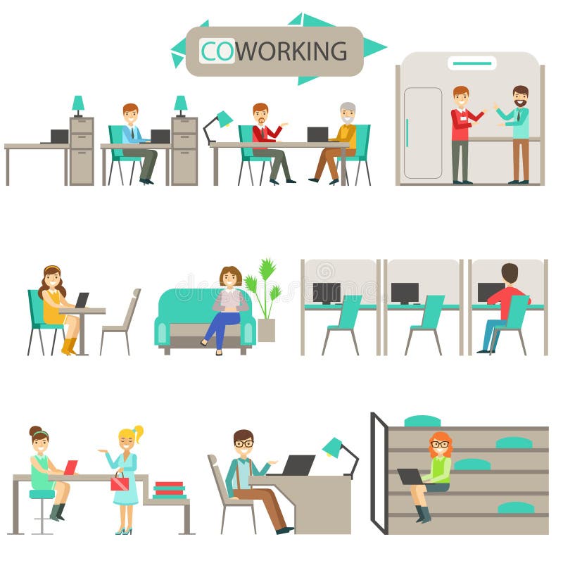 Coworking i för Infographic för kontor för modern design uppsättning illustration stock illustrationer Coworking i för Infographic för kontor för modern design uppsättning illustration stock illustrationer