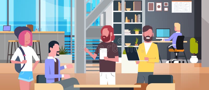 Coworking kontorsinre med tillfälligt folk som arbetar, tillfällig Businesspeoplegrupp i Coworkersmitt royaltyfri illustrationer Coworking kontorsinre med tillfälligt folk som arbetar, tillfällig Businesspeoplegrupp i Coworkersmitt royaltyfri illustrationer