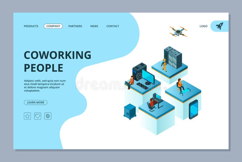 Coworking landing. Web page design template business people team building managers meeting and brainstorming vector vector illustration