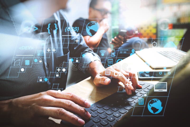 Coding software developer work with AR new design dashboard computer icons of scrum agile development and code fork and versioning with responsive cybersecurity. Coworking process, entrepreneur team working. Coding program data stock images, royalty-free photos and pictures
