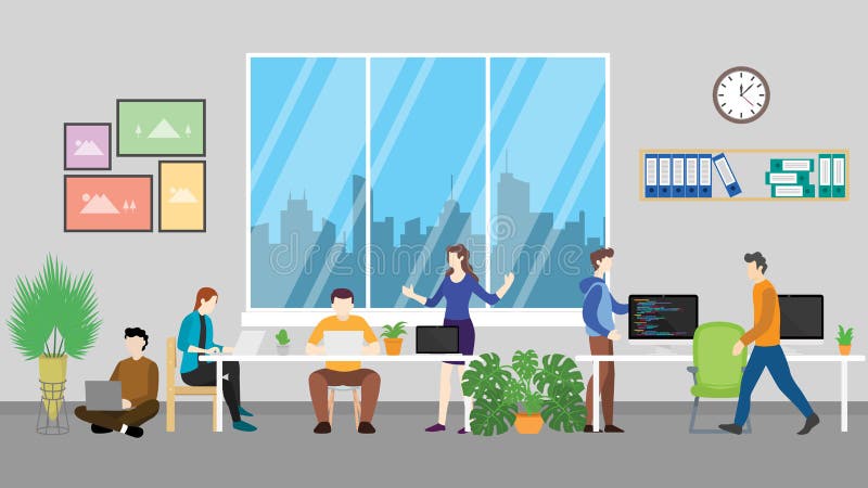 Coworking Space for Team Discussion in the Modern Office Room - Vector  Illustration Stock Illustration - Illustration of flat, background:  142590624