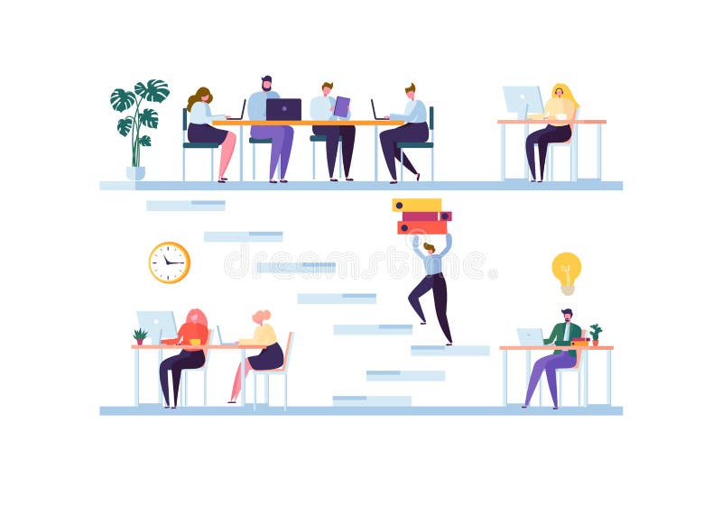 Coworking utrymmebegrepp Coworkerstecken Team Working Kontorsanställda som arbetar med bärbara datorn och datoren stock illustrationer Coworking utrymmebegrepp Coworkerstecken Team Working Kontorsanställda som arbetar med bärbara datorn och datoren stock illustrationer