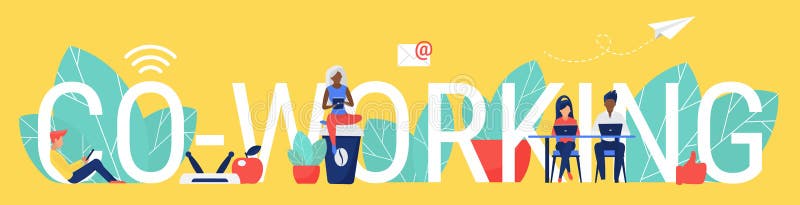 Coworking сборная деловых партнеров мультфильма концепции слова, работающих на рабочем месте свободного пространства иллюстрация штока