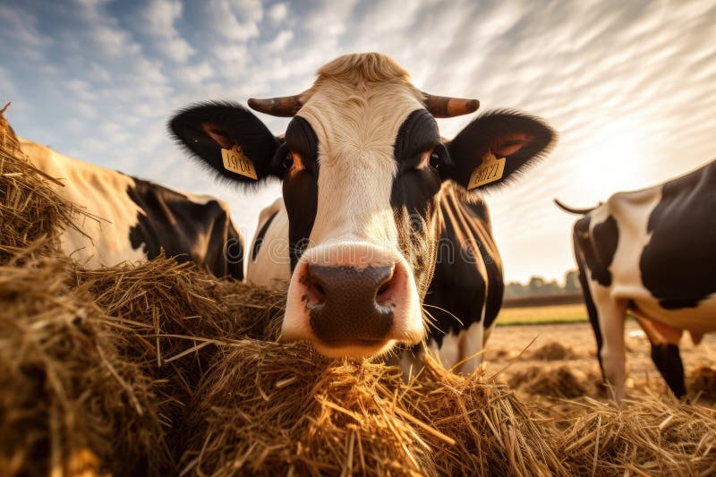 Cows Eating Straw Hay On Pasture Stock Photo - Download Image Now -  Domestic Cattle, Cow, Hay - iStock