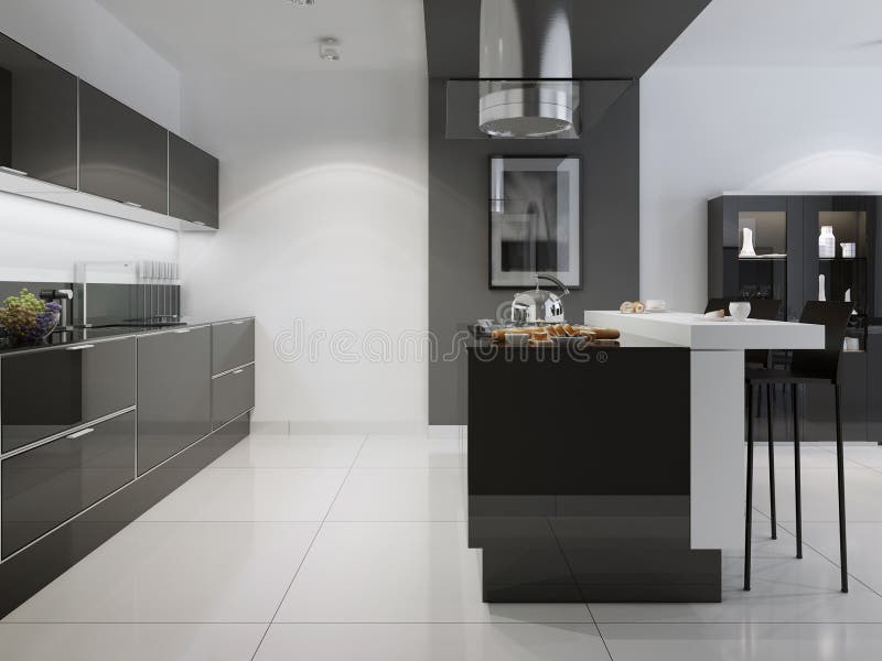 Cozinha brilhante com uma mobília escura fotografia de stock Cozinha brilhante com uma mobília escura fotografia de stock