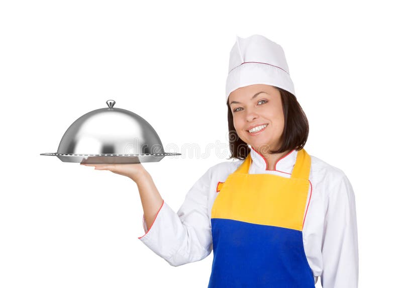Cozinheiro chefe bonito da jovem mulher com campânula do restaurante imagens de stock royalty free Cozinheiro chefe bonito da jovem mulher com campânula do restaurante imagens de stock royalty free