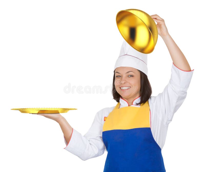 Cozinheiro chefe bonito da jovem mulher com a campânula dourada do restaurante imagens de stock royalty free Cozinheiro chefe bonito da jovem mulher com a campânula dourada do restaurante imagens de stock royalty free
