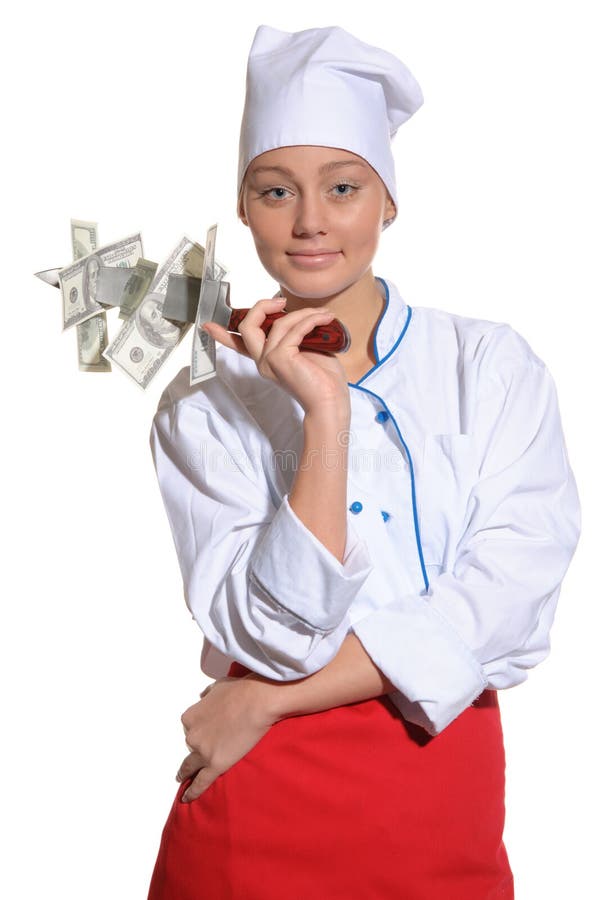 Cozinheiro chefe feliz da mulher com faca e dinheiro fotografia de stock Cozinheiro chefe feliz da mulher com faca e dinheiro fotografia de stock