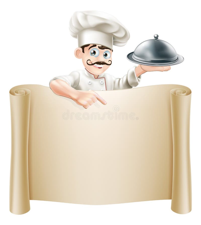 A cartoon chef character holding a silver platter or cloche pointing at a scroll or menu. A cartoon chef character holding a silver platter or cloche pointing at a scroll or menu