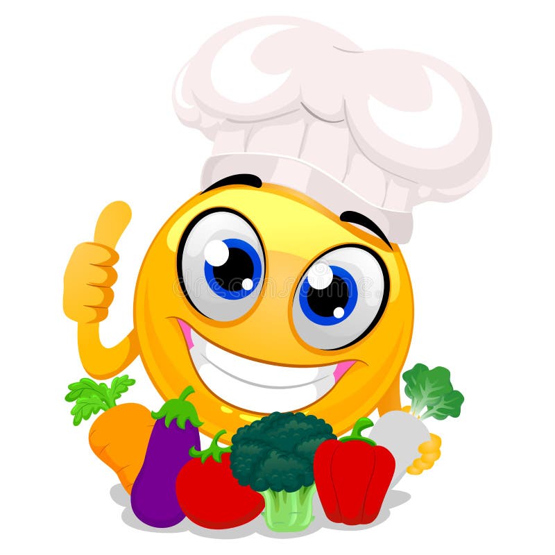 Cozinheiro chefe vestindo Hat de Smiley Emoticon que guarda vegetais ilustração royalty free Cozinheiro chefe vestindo Hat de Smiley Emoticon que guarda vegetais ilustração royalty free