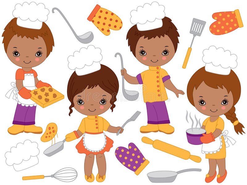 Cozinheiros chefe afro-americanos pequenos bonitos do vetor que cozinham e que cozem Crianças pequenas do vetor ilustração do vetor Cozinheiros chefe afro-americanos pequenos bonitos do vetor que cozinham e que cozem Crianças pequenas do vetor ilustração do vetor