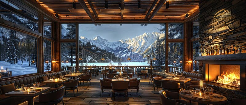 Cozy alpine lodge dining room with panoramic mountain views and a crackling fireplace. stock photo