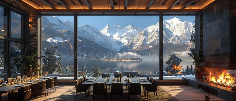 Cozy alpine lodge dining room with panoramic mountain views and a crackling fireplace. royalty free stock photo