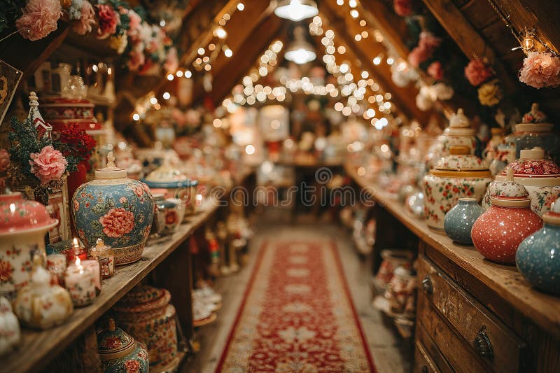 A cozy attic filled with vintage Christmas decorations royalty free illustration
