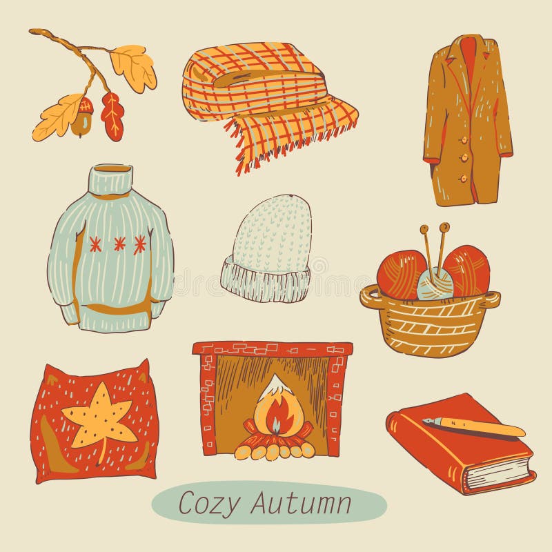 Cozy autumn vector illustration, hand-drawn warm seasonal objects royalty free illustration