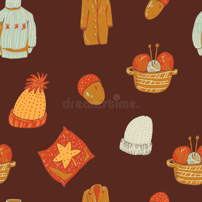Cozy autumn vector seamless pattern, hand-drawn warm seasonal texture vector illustration