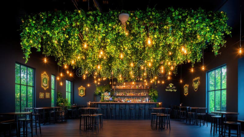 Cozy bar with hanging greenery and ambient lighting. Happy St. Patrick's Day. Saint Patrick. Elegant lighting signs stock images, royalty-free photos and pictures