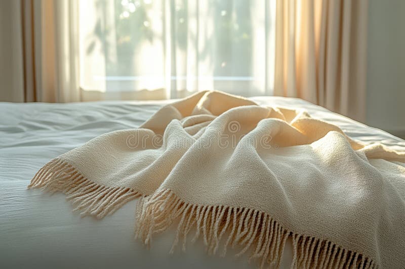 A cozy bed adorned with a vibrant arafed blanket, complemented by a serene window view in the background, creating a stock photos