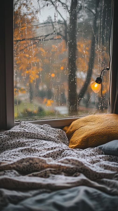 Cozy Bed with Blankets and Warm Pillows on a Rainy Day. Stock