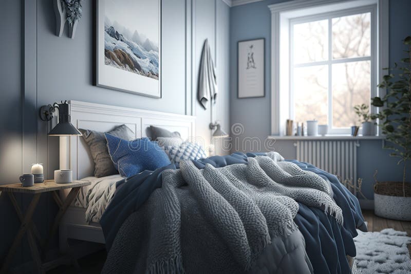Cozy Bedroom Decor in Gray, White and Blue Palette Stock Illustration