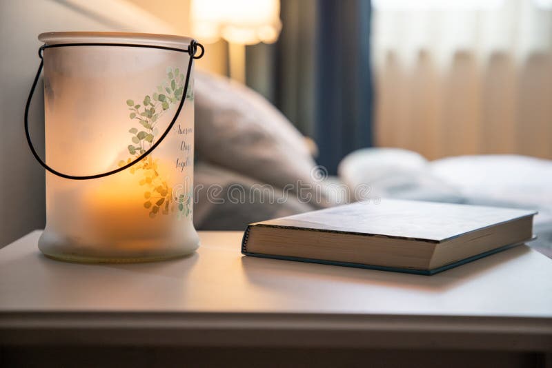 Cozy Bedroom Detail Focus on Burning Candle Stock Photo Image of