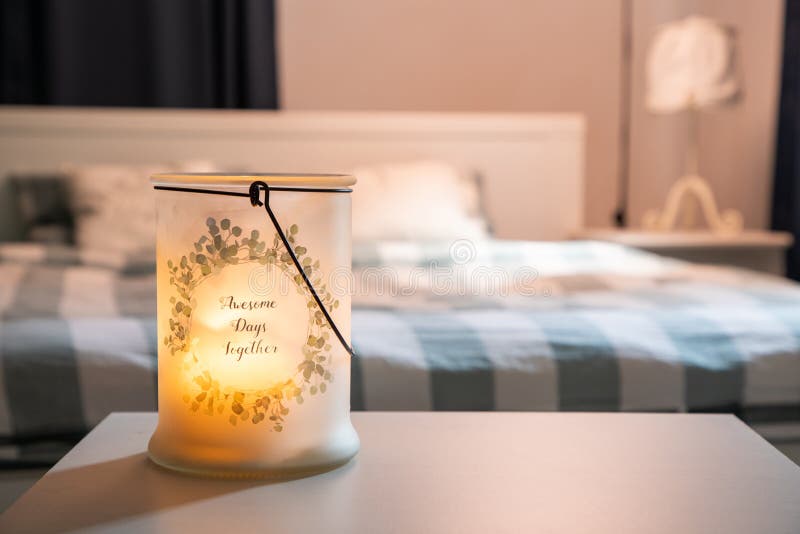 Cozy Bedroom Detail Focus on Burning Candle Stock Image Image of