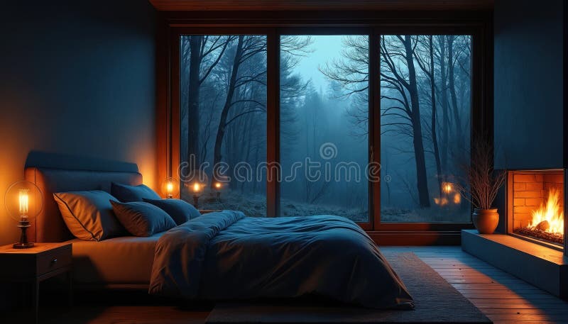Cozy bedroom with crackling fire and rain pouring against large misty windows in autumn night