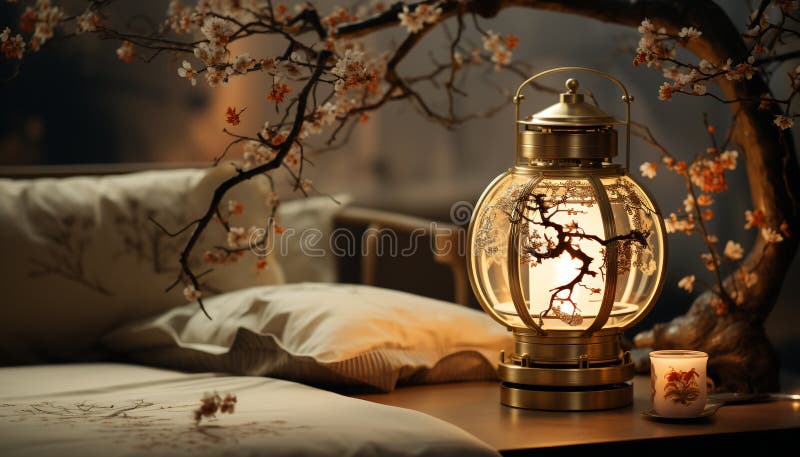 Cozy bedroom illuminated by old fashioned lantern, rustic wood decor generated by AI stock photography
