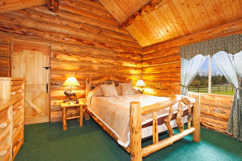 Cozy Bedroom In Log Cabin House Stock Photo Image Of Beams