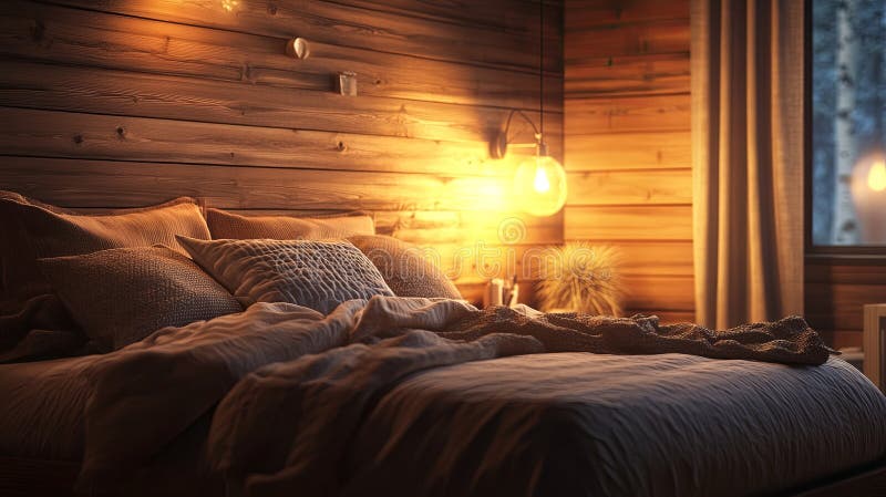 Warm wooden bedroom interior at night, soft bed with rumpled sheets and pillows, glowing lights creating sensual intimate haven during storm