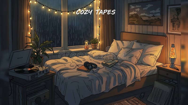 Rainy night bedroom with warm string lights and soft bed, intimate erotic atmosphere during storm