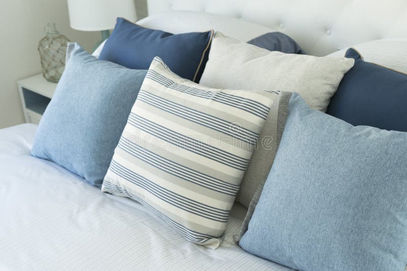 Blue Pillow on Grey Sofa in Living Room Stock Photo Image of creative, lifestyle 111689600