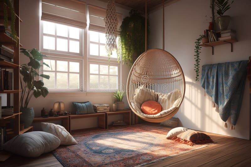 A Cozy Bohemian inspired Reading Nook with a Hanging Chair Lots of Pillows and a Woven Rug. Generative AI Stock Illustration Illustration of chair nook 285366892